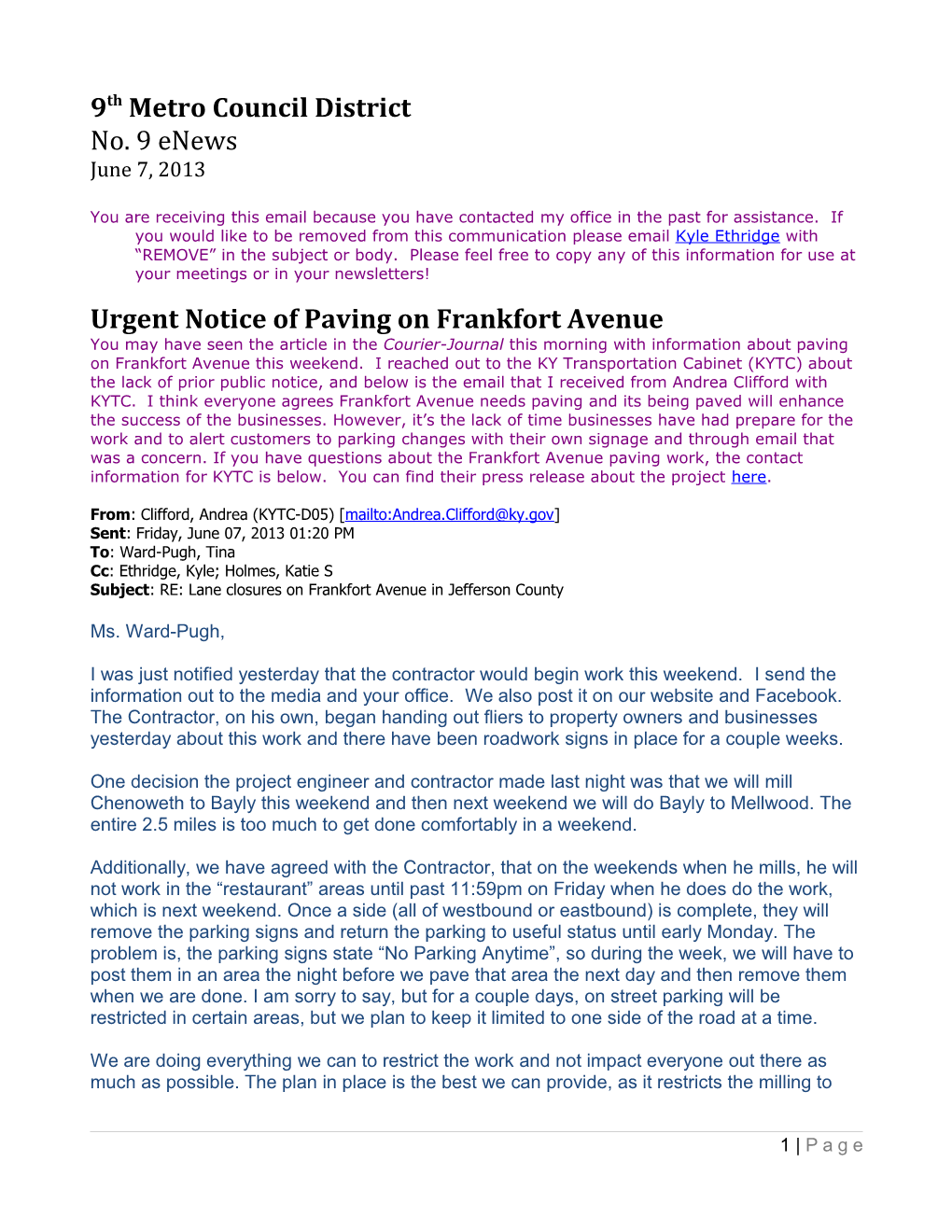 Urgent Notice of Paving on Frankfort Avenue