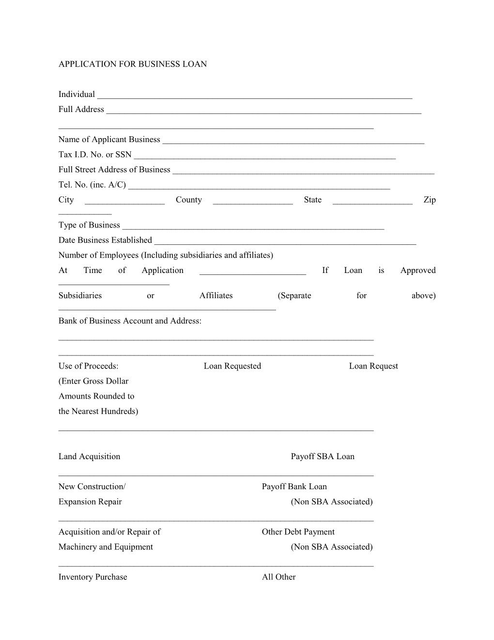 Application for Business Loan