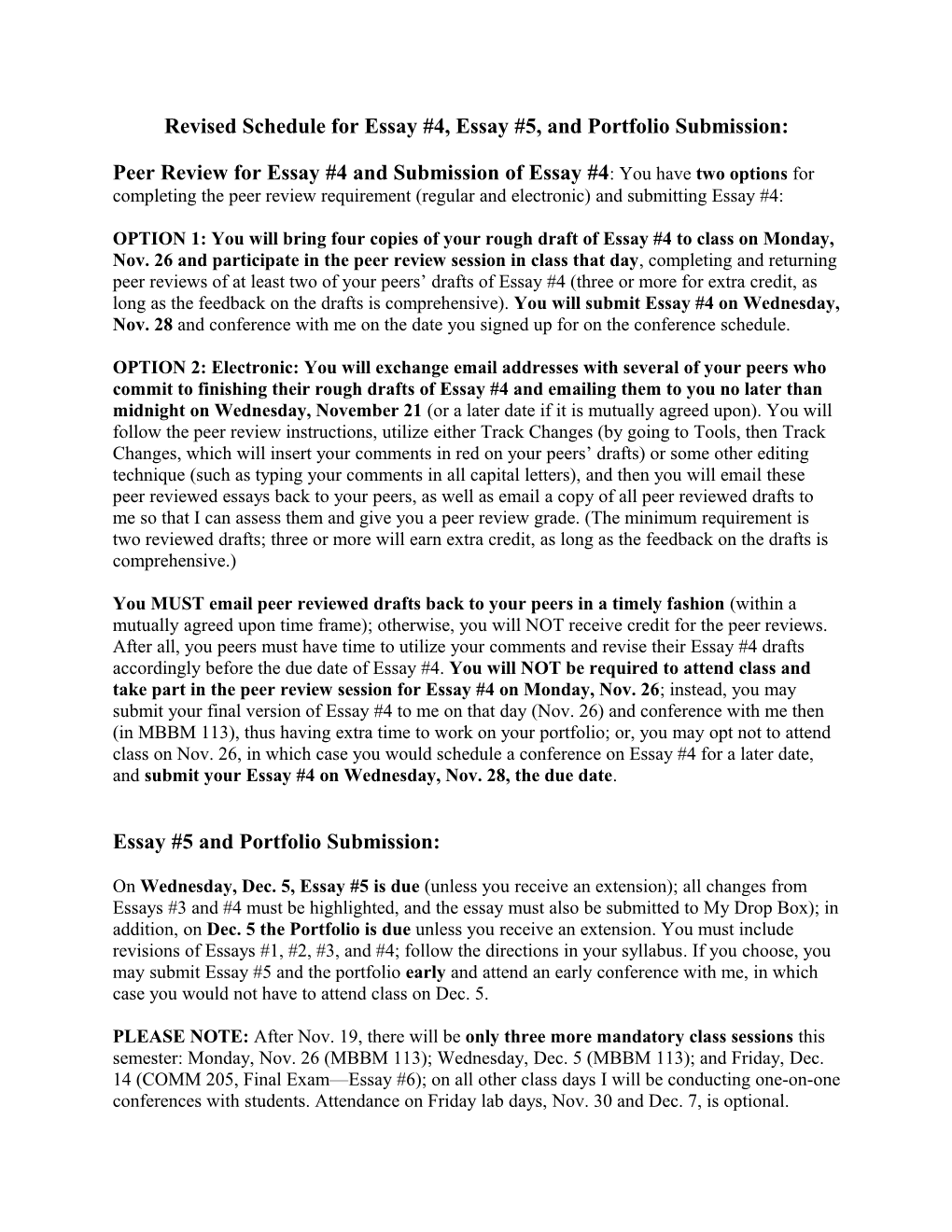 Revised Schedule for Essay #4 and Essay #5 Submission