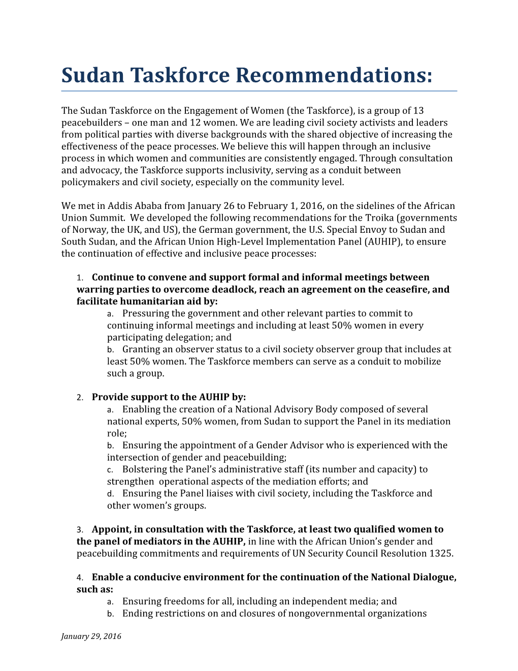 Sudan Taskforce Recommendations