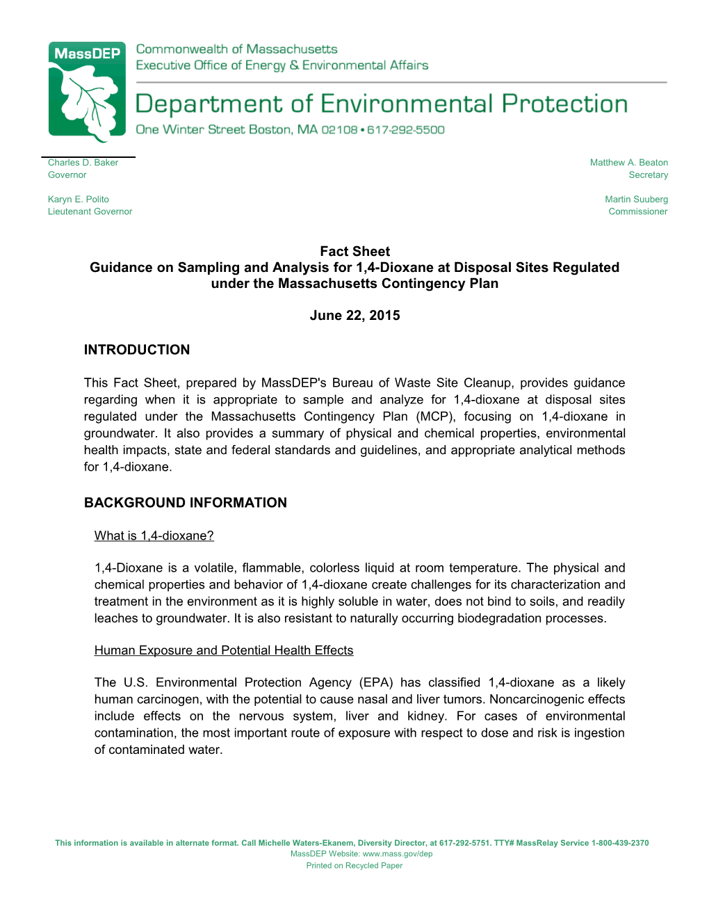 Guidance on Sampling and Analysis for 1,4-Dioxane at Disposal Sites Regulated Under The
