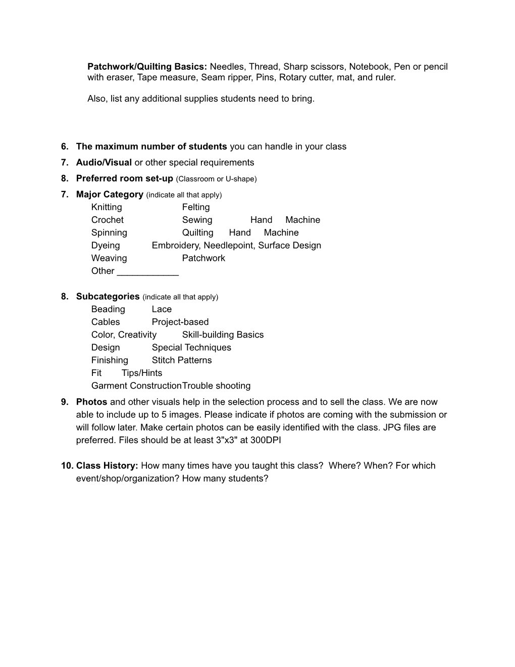 STITCHES Class Proposal Form