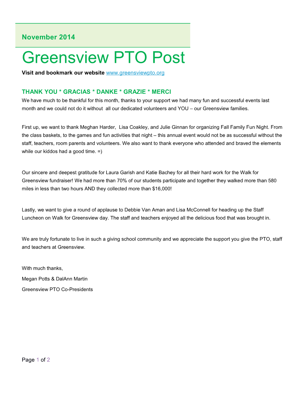 Greensview PTO Post