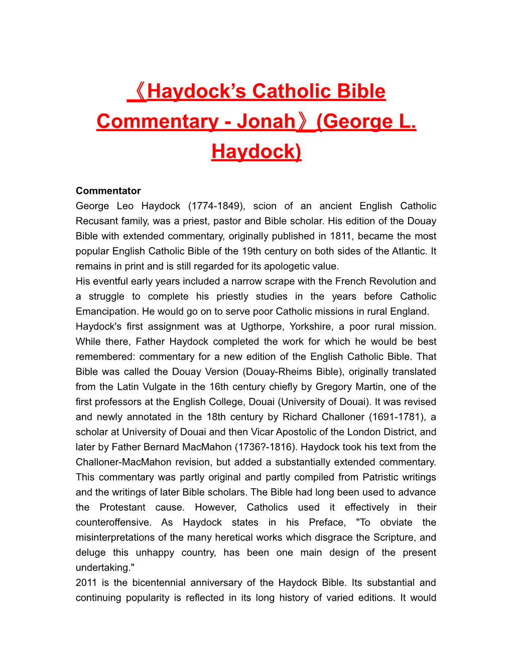 Haydock S Catholic Bible Commentary - Jonah (George L. Haydock)