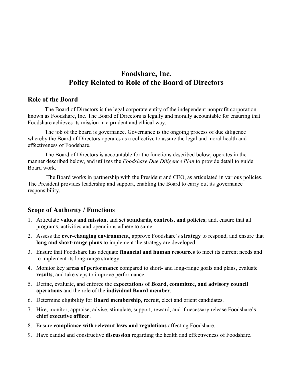 Policy Related to Role of the Board of Directors