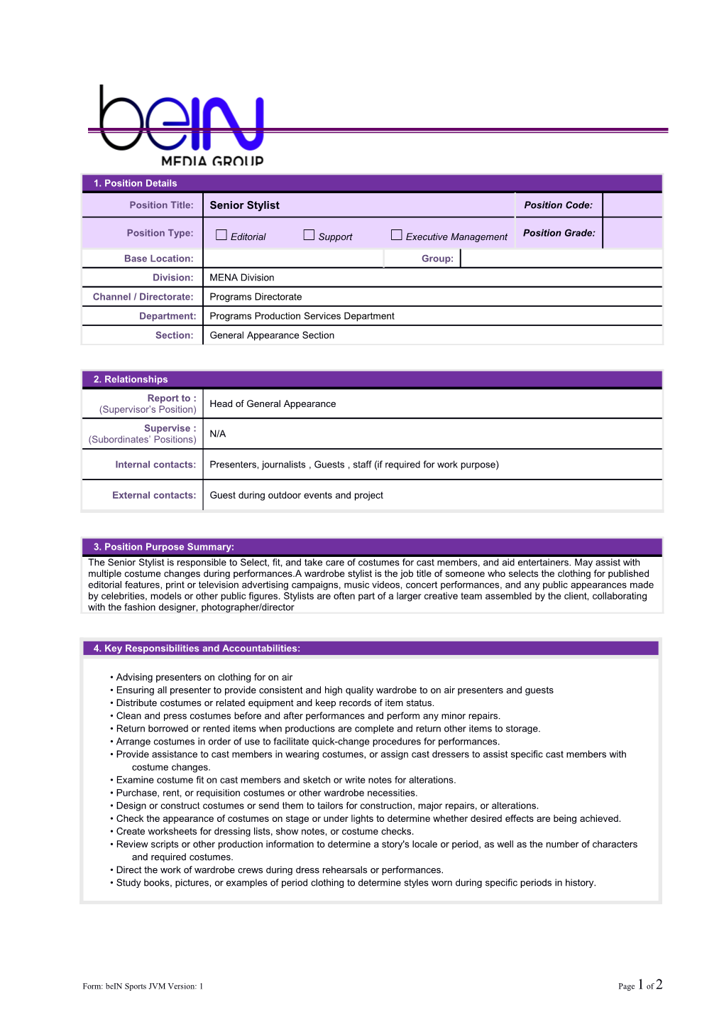 Form: Bein Sports JVM Version: 1Page 1 of 2