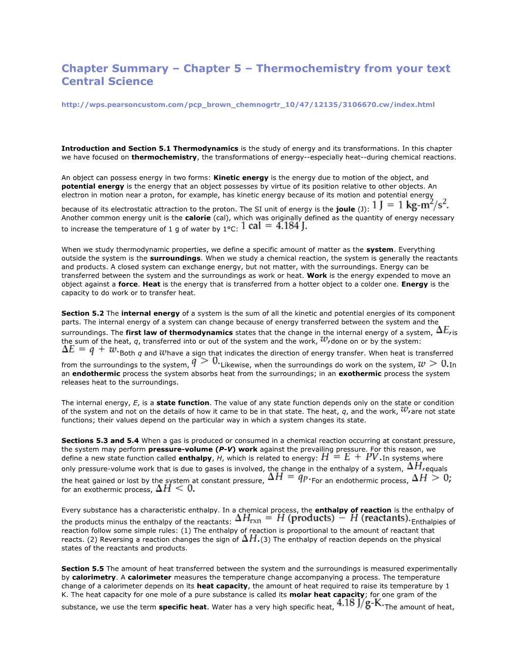 Chapter Summary Chapter 5 Thermochemistry from Your Text Central Science