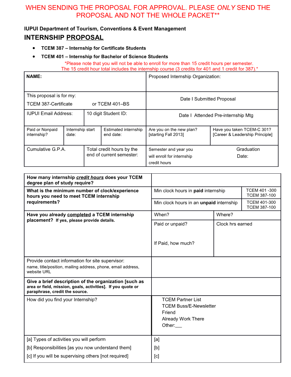 IUPUI - TCEM 387 Internship Proposal 8-17-08