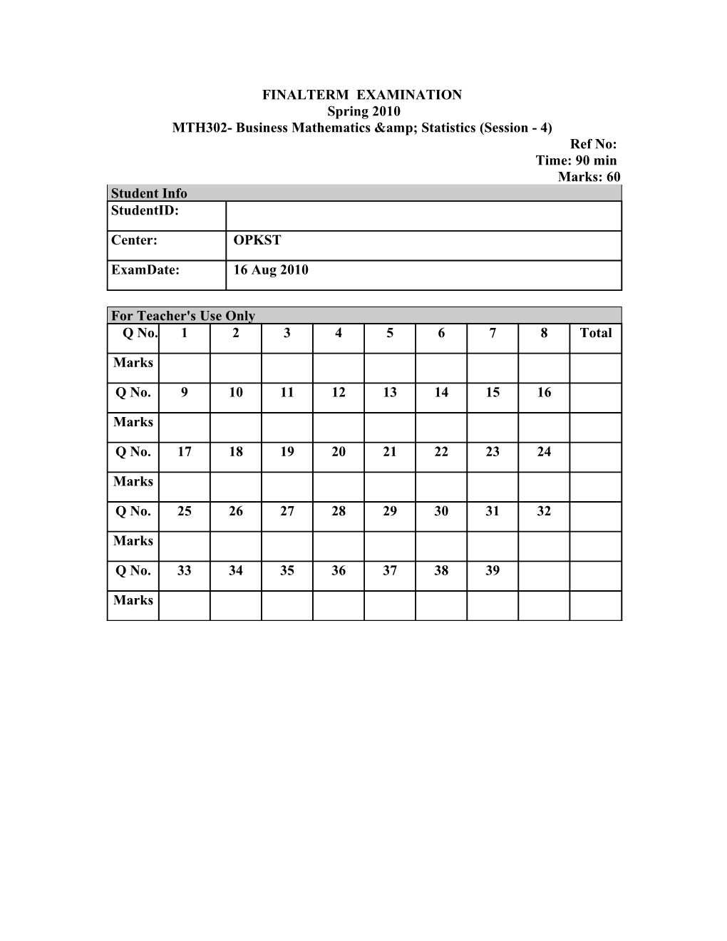 MTH302- Business Mathematics &amp; Statistics (Session - 4)