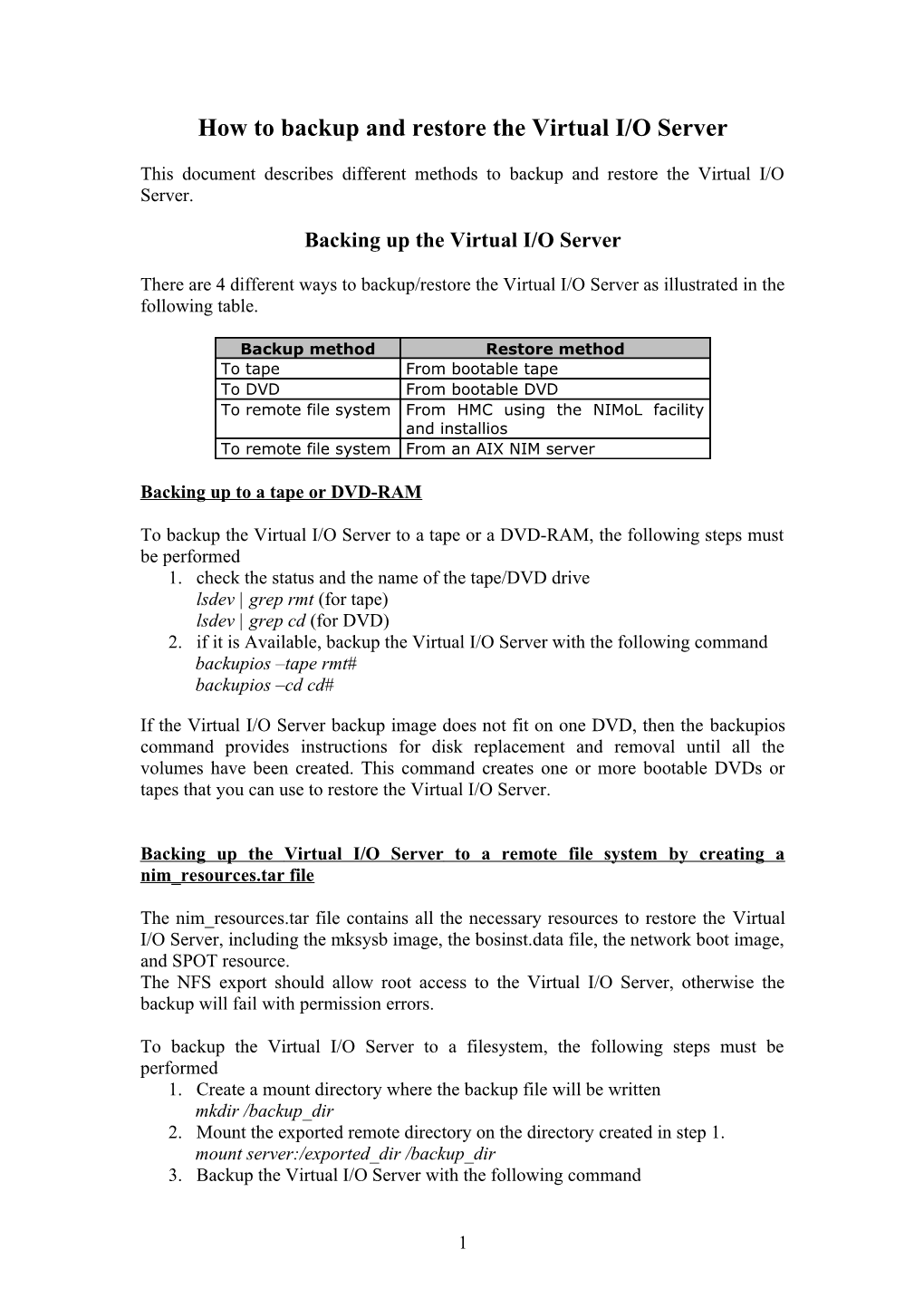 How to Backup and Restore the Virtual I/O Server