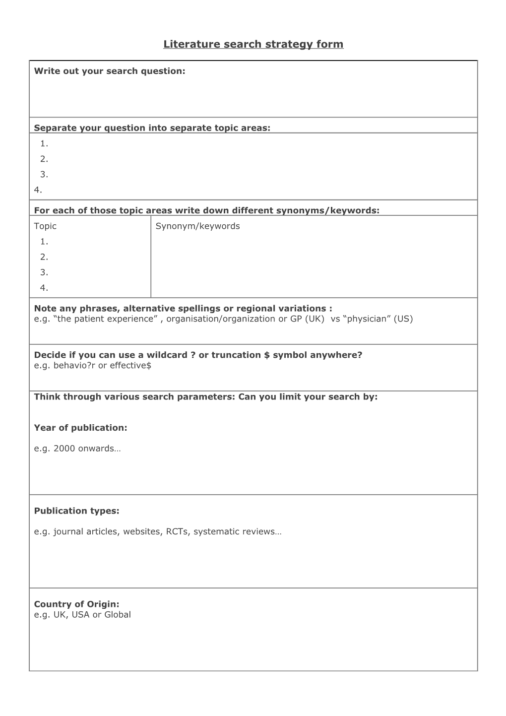 Literature Search Strategy Form