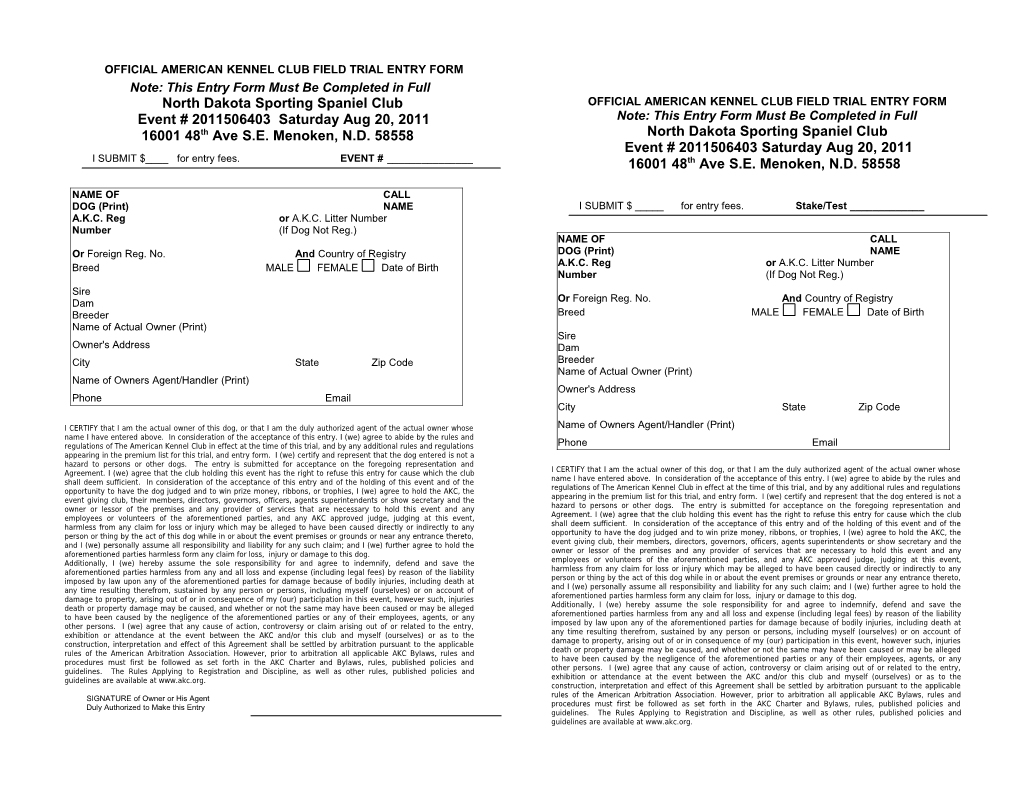 Official American Kennel Club Field Trial Entry Form