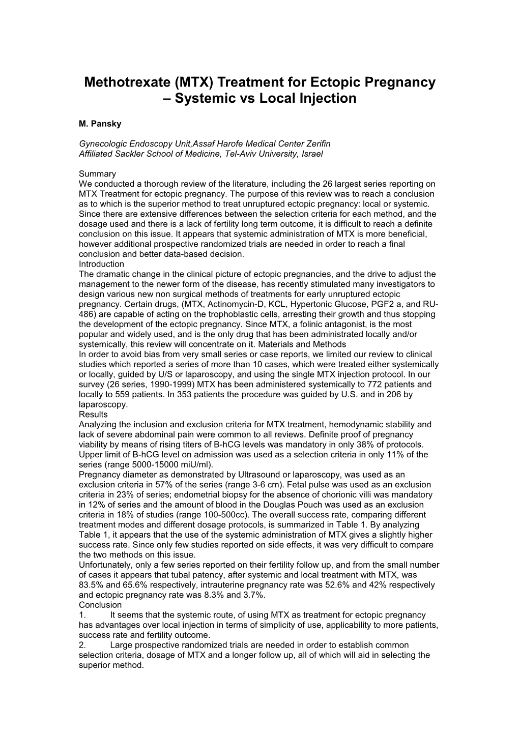 Methotrexate (MTX) Treatment for Ectopic Pregnancy Systemic Vs Local Injection