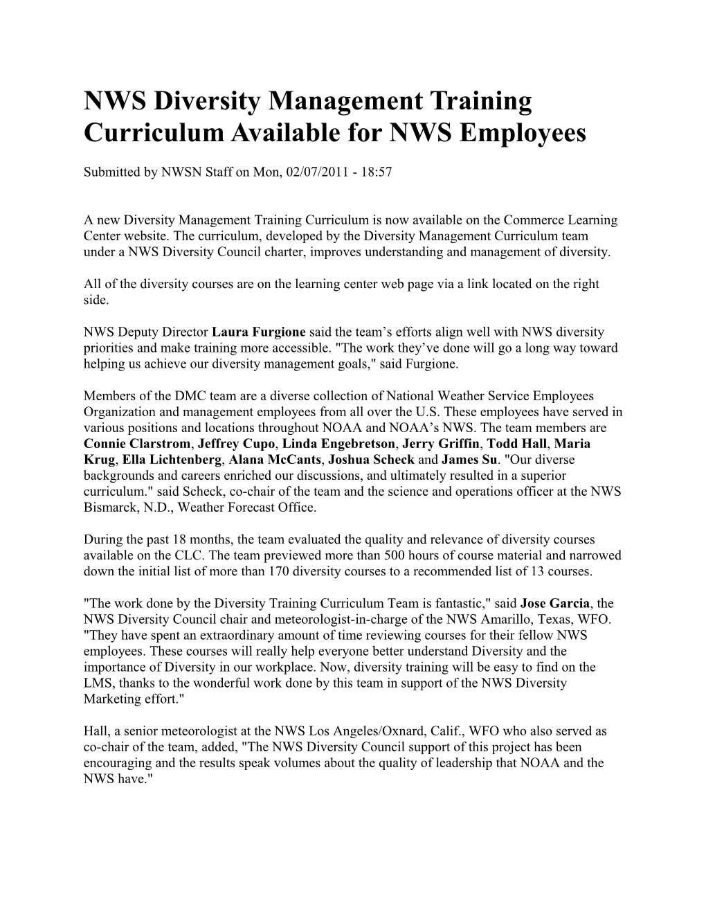 NWS Diversity Management Training Curriculum Available for NWS Employees