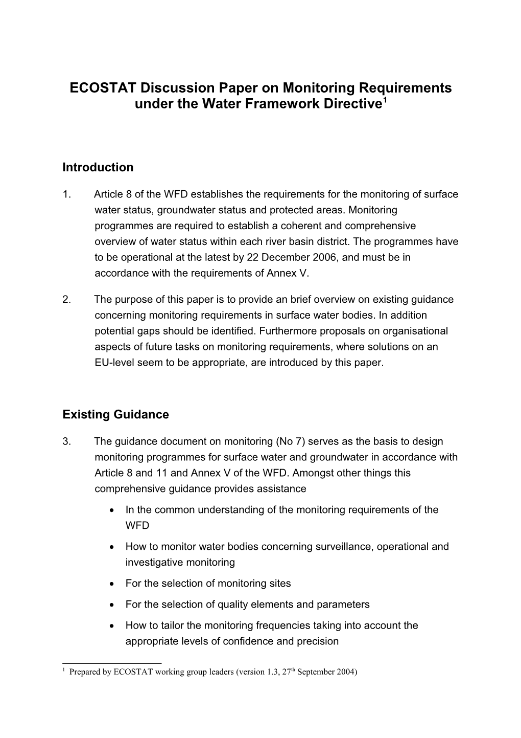 ECOSTAT Discussion Paper on Monitoring Requirements