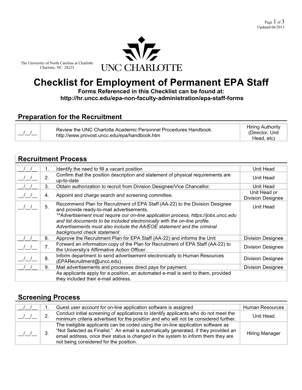 Checklist for Employment of Permanent EPA Staff