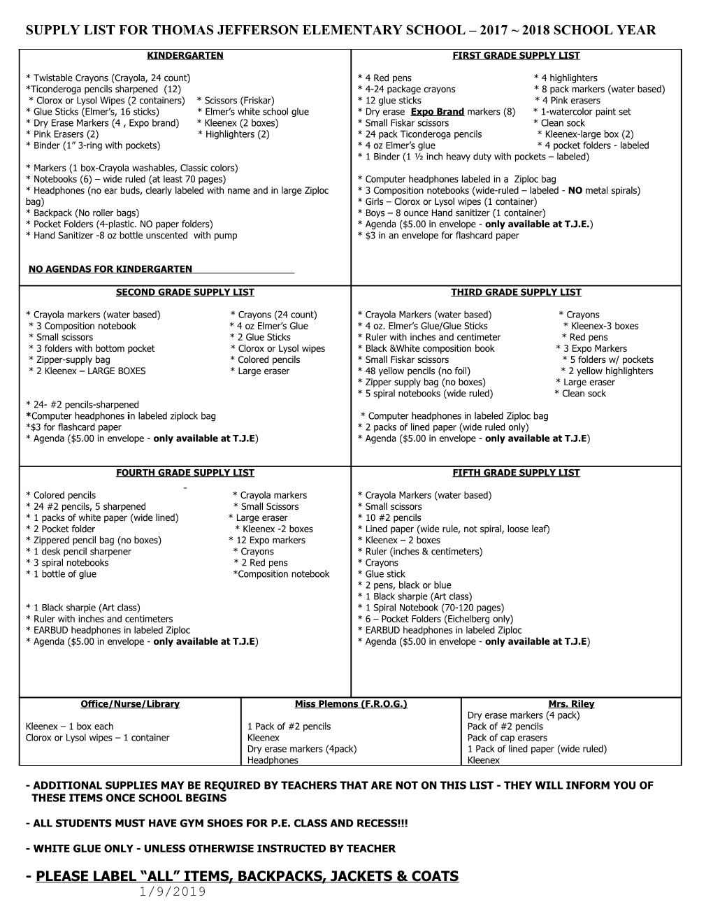 Supply List for Thomas Jefferson Elementary School 2017 2018 School Year