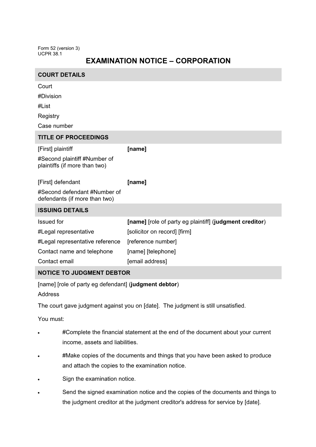 NSW UCPR Form 52 - Examination Notice - Corporation