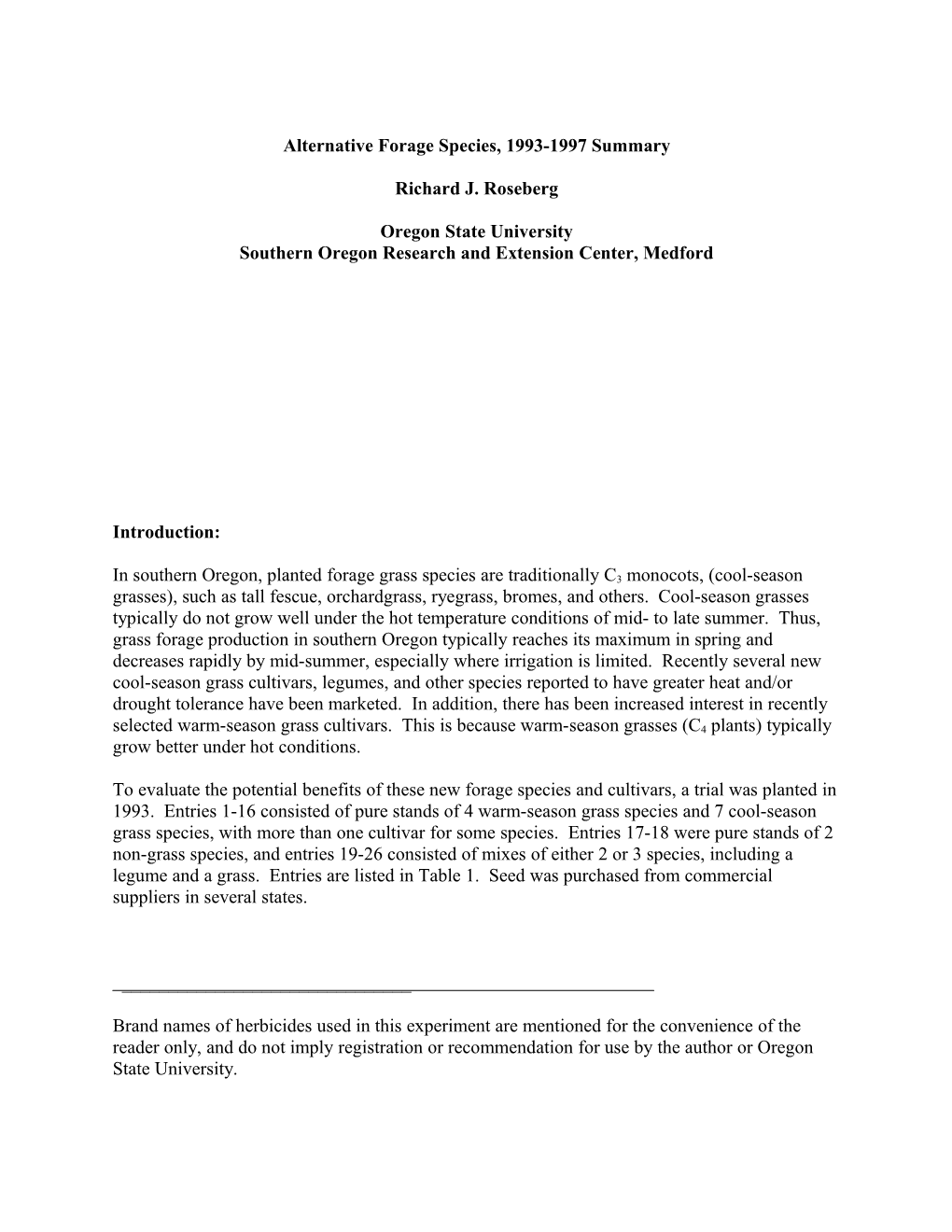 Alternative Forage Species, 1993-1997 Summary