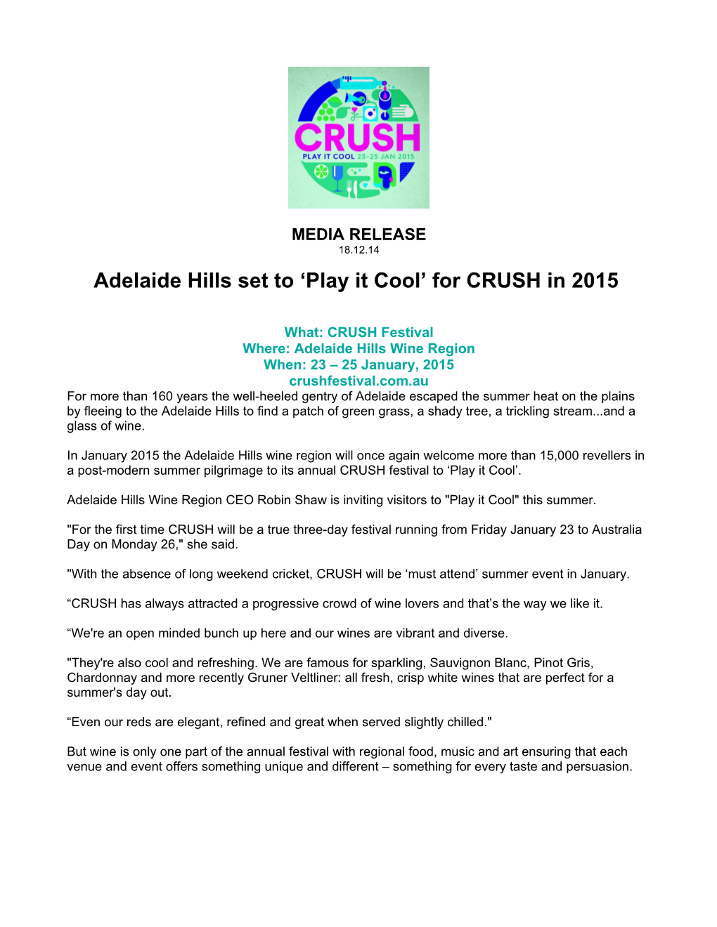 Adelaide Hills Set to Play It Cool for CRUSH in 2015