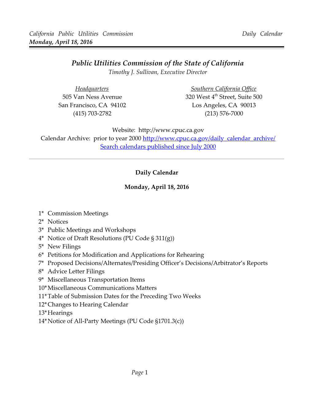 California Public Utilities Commission Daily Calendar Monday, April 18, 2016