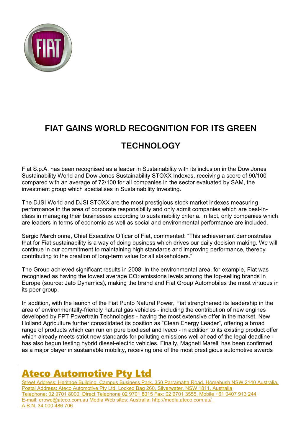 Fiat Gains World Recognition for Its Green Technology