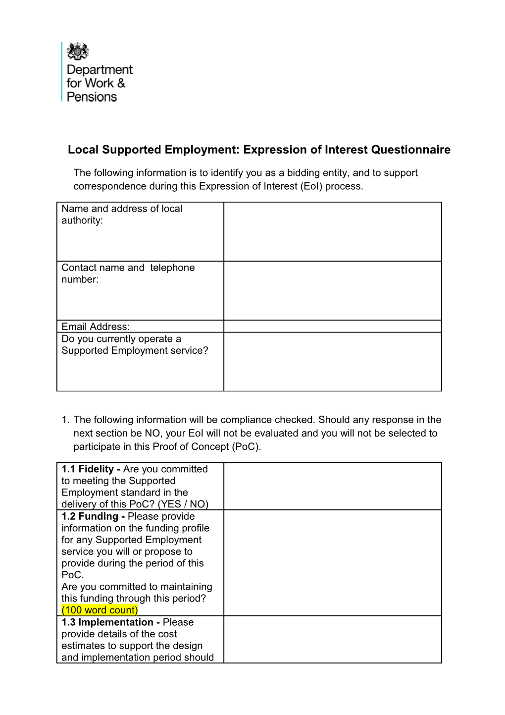 Local Supported Employment: Expression of Interest Questionnaire
