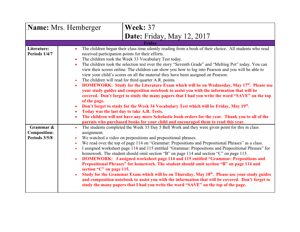 The Children Took the Week 33 Vocabulary Test Today