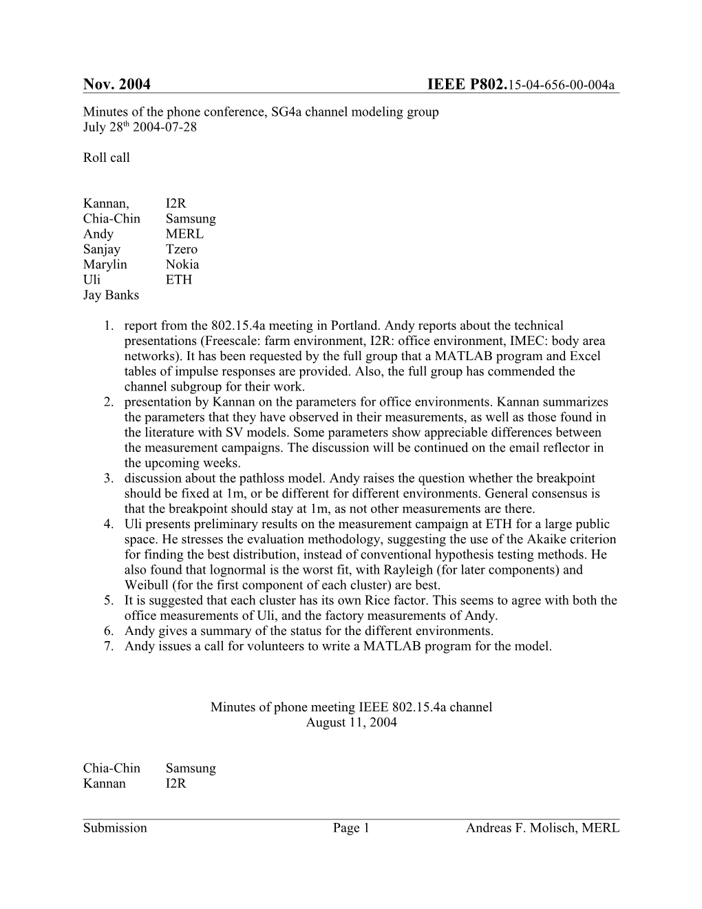 Minutes of the Phone Conference, Sg4a Channel Modeling Group