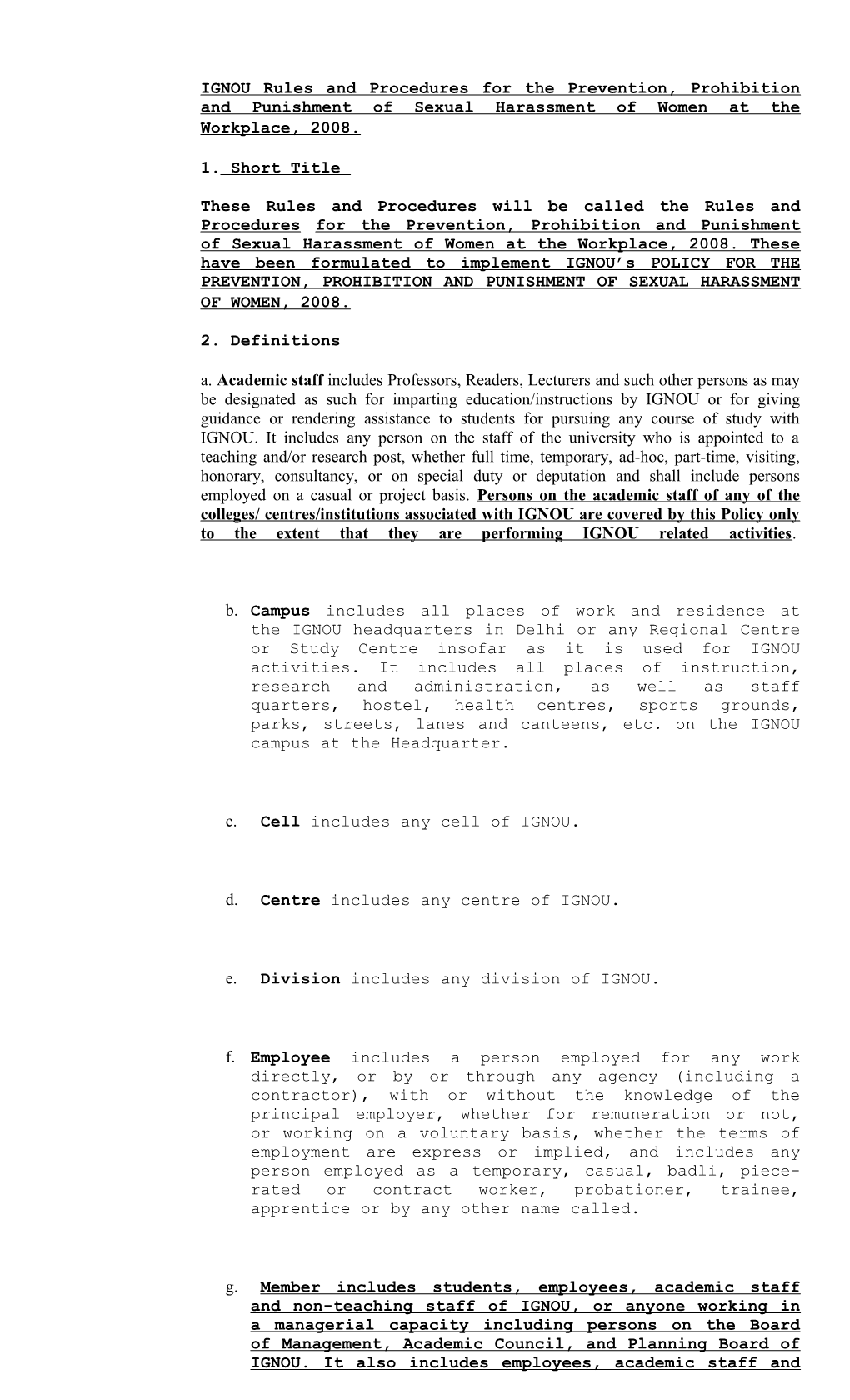 IGNOU Rules and Procedures for the Prevention, Prohibition and Punishment of Sexual Harassment