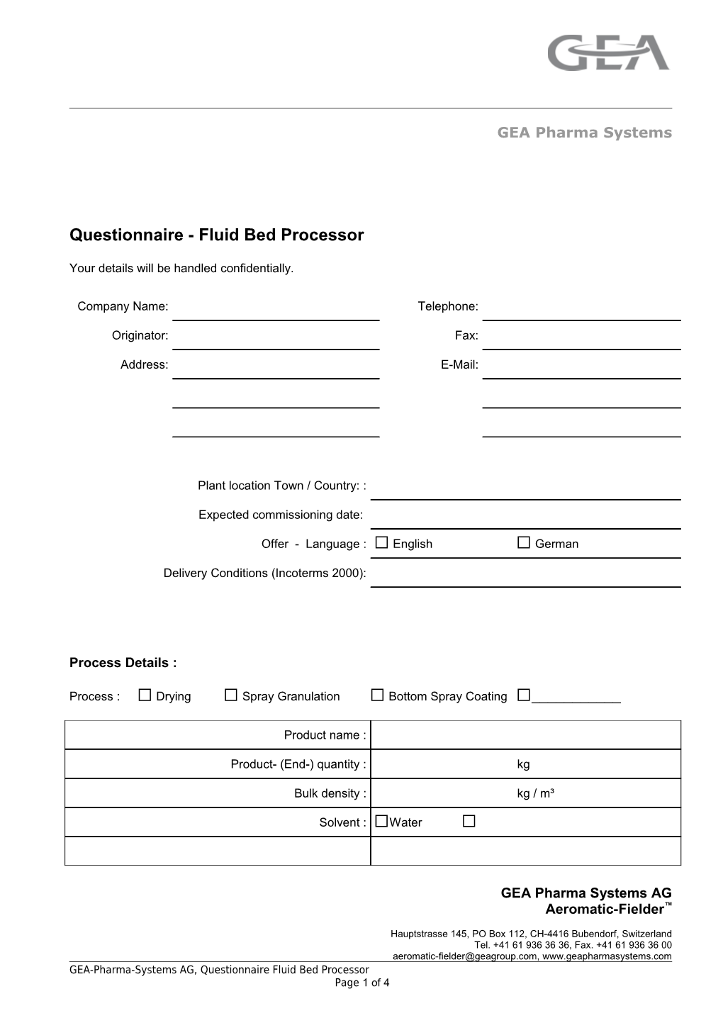 Questionnaire - Fluid Bed Processor