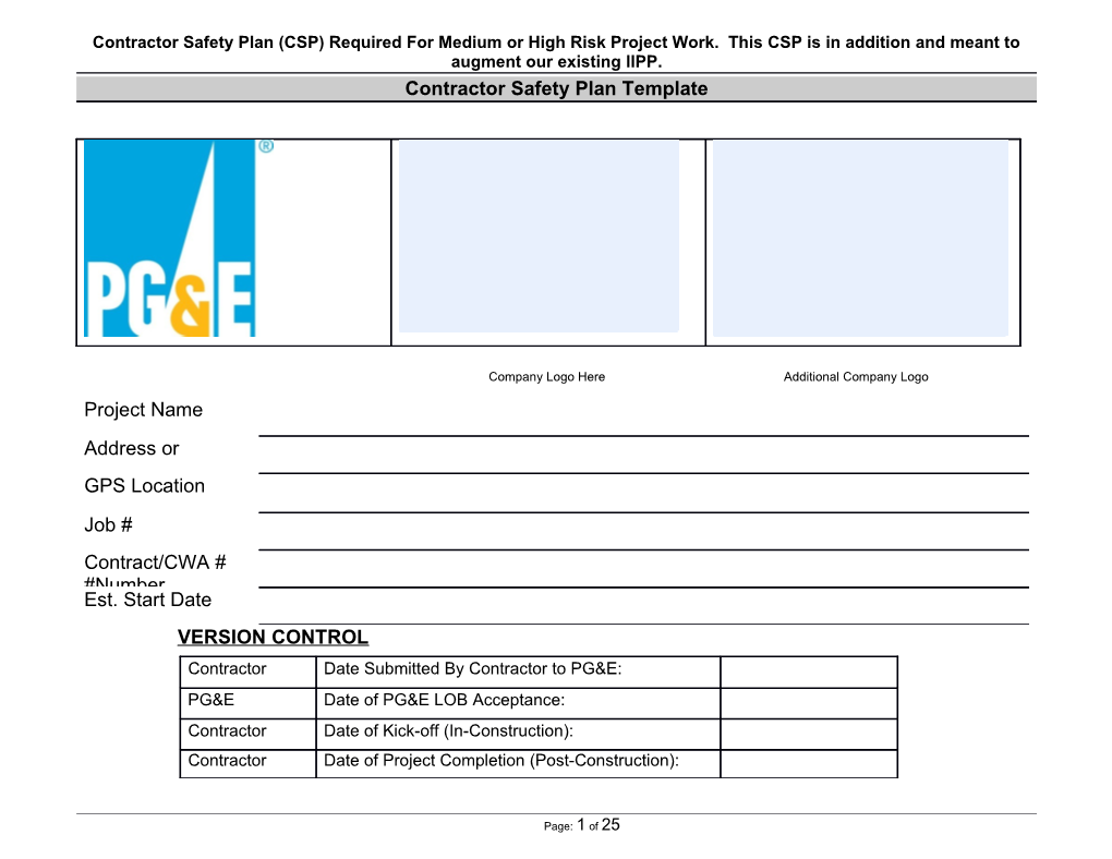 Project Specific Safety Plan Template