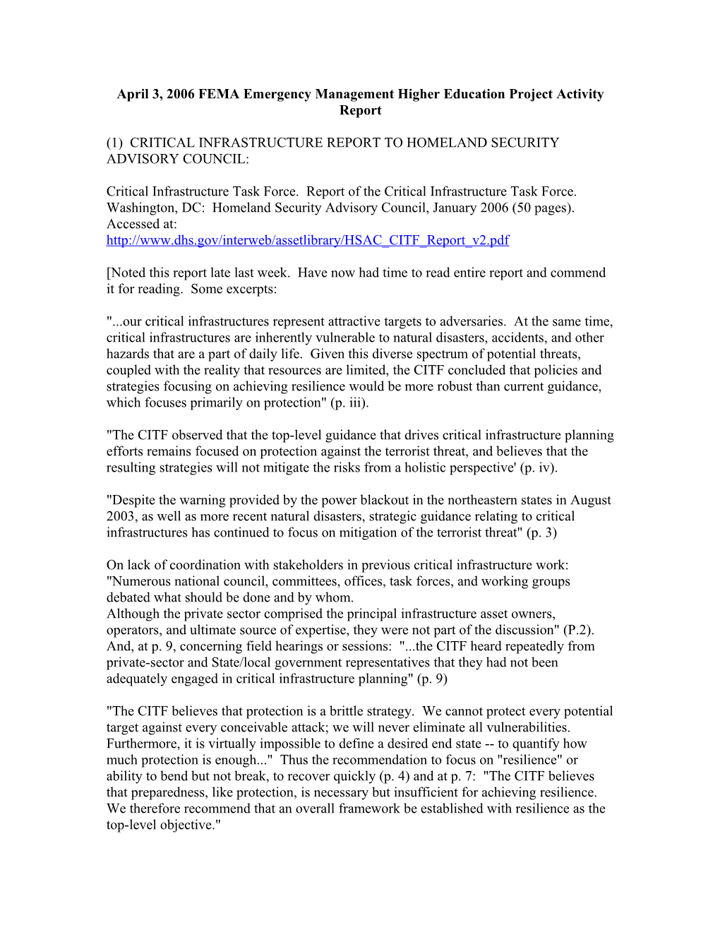 April 3, 2006 FEMA Emergency Management Higher Education Project Activity Report