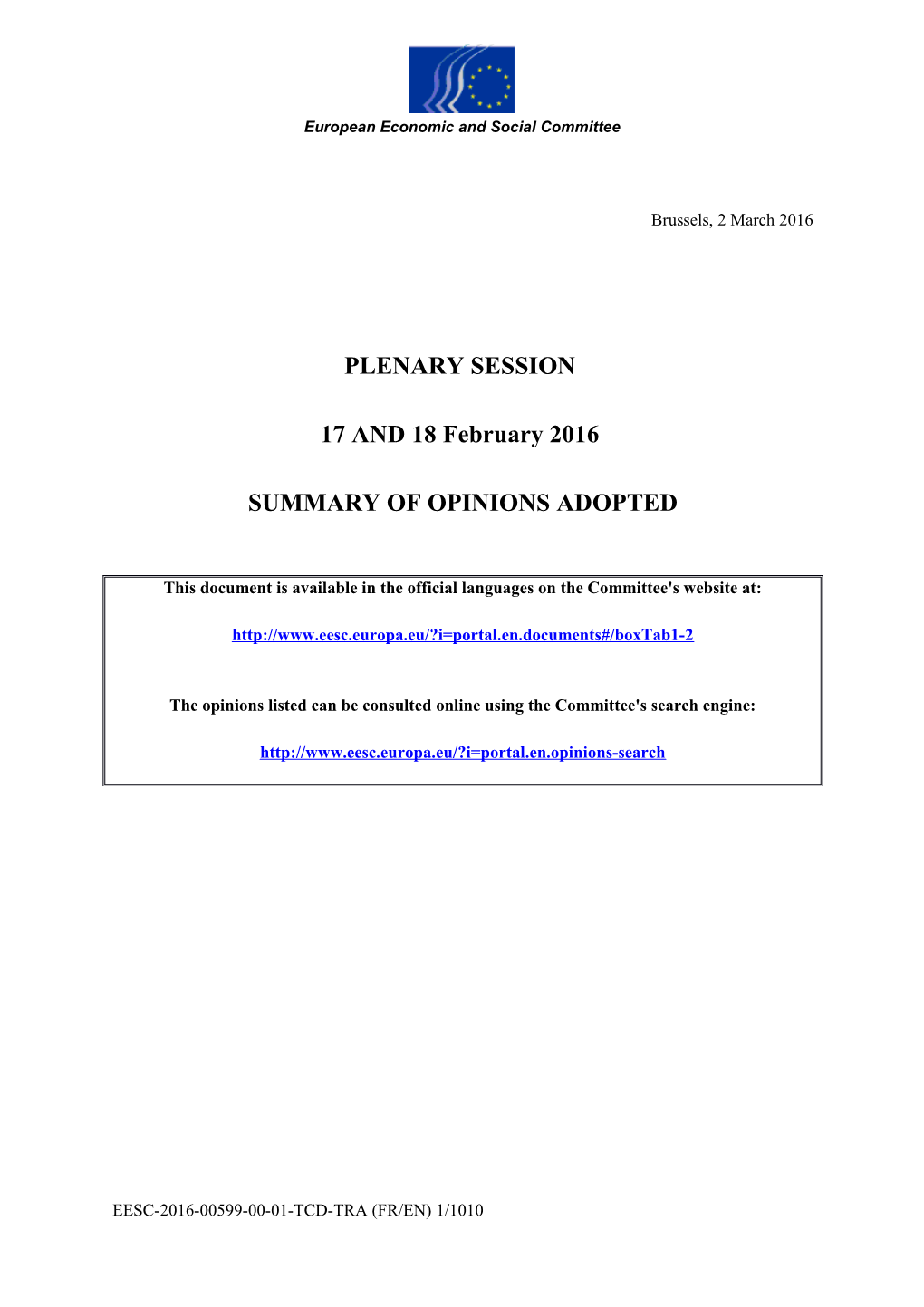 Summary of Opinions Adopted - 514Th Plenary Session - 17 and 18 February 2016