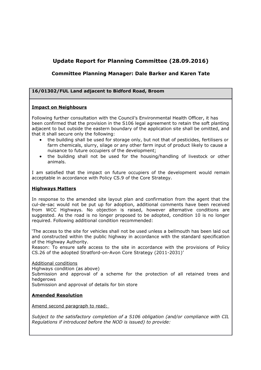 Update Report for Planning Committee (28.09.2016)