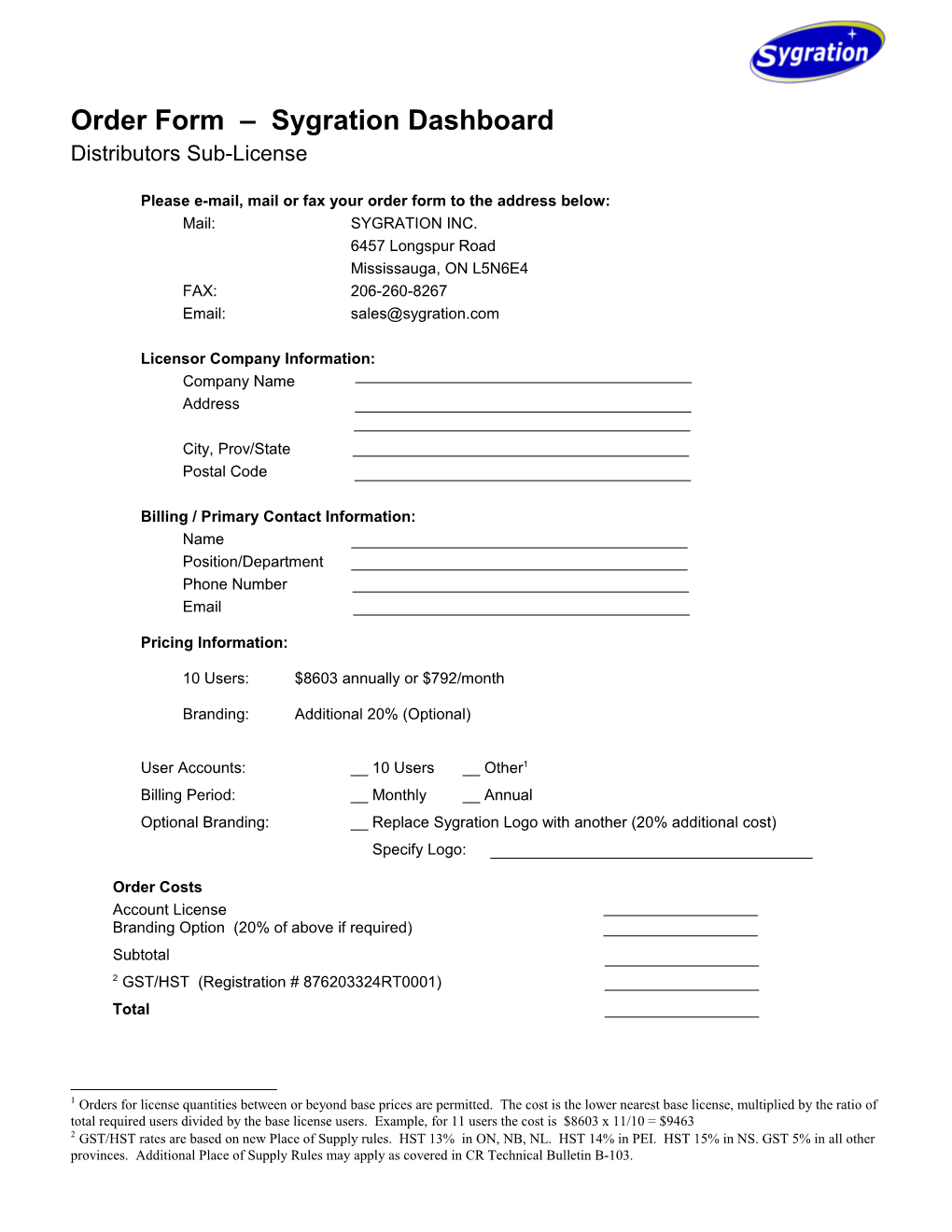 Sygration Dashboard Order Form