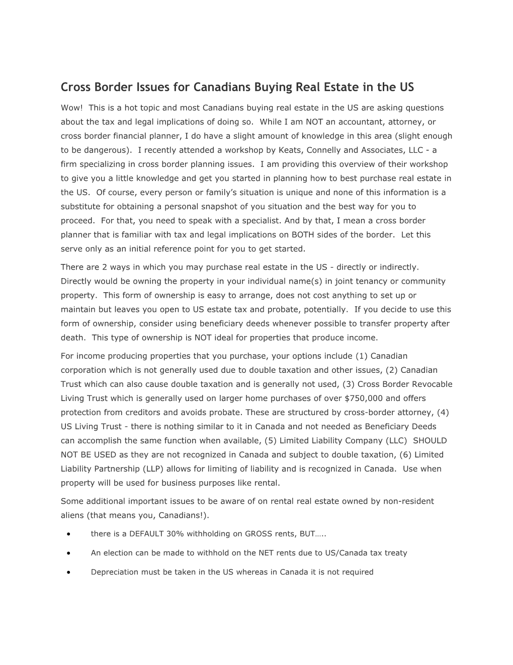 Cross Border Issues for Canadians Buying Real Estate in the US