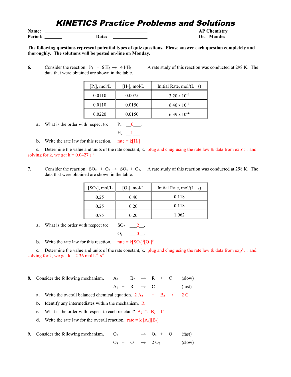 KINETICS Practice Problems and Solutions