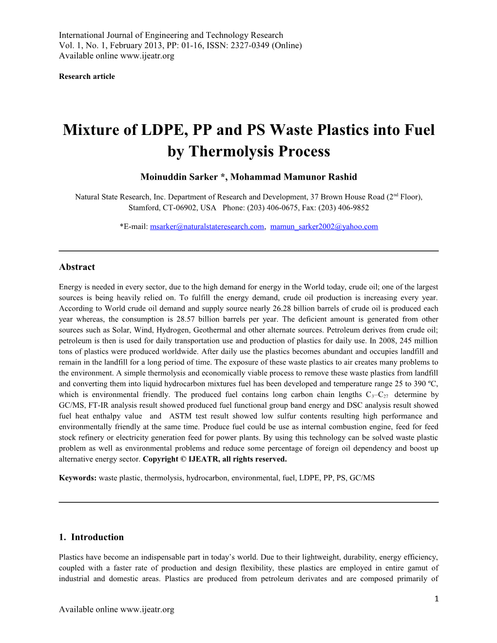 Thermolysis of Municipal Waste Plastics