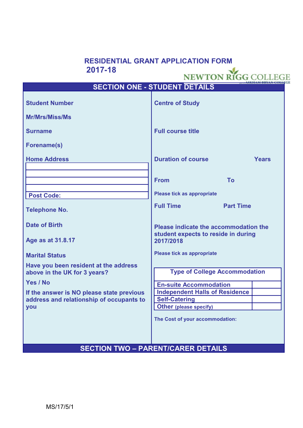 Residential Grant Application Form