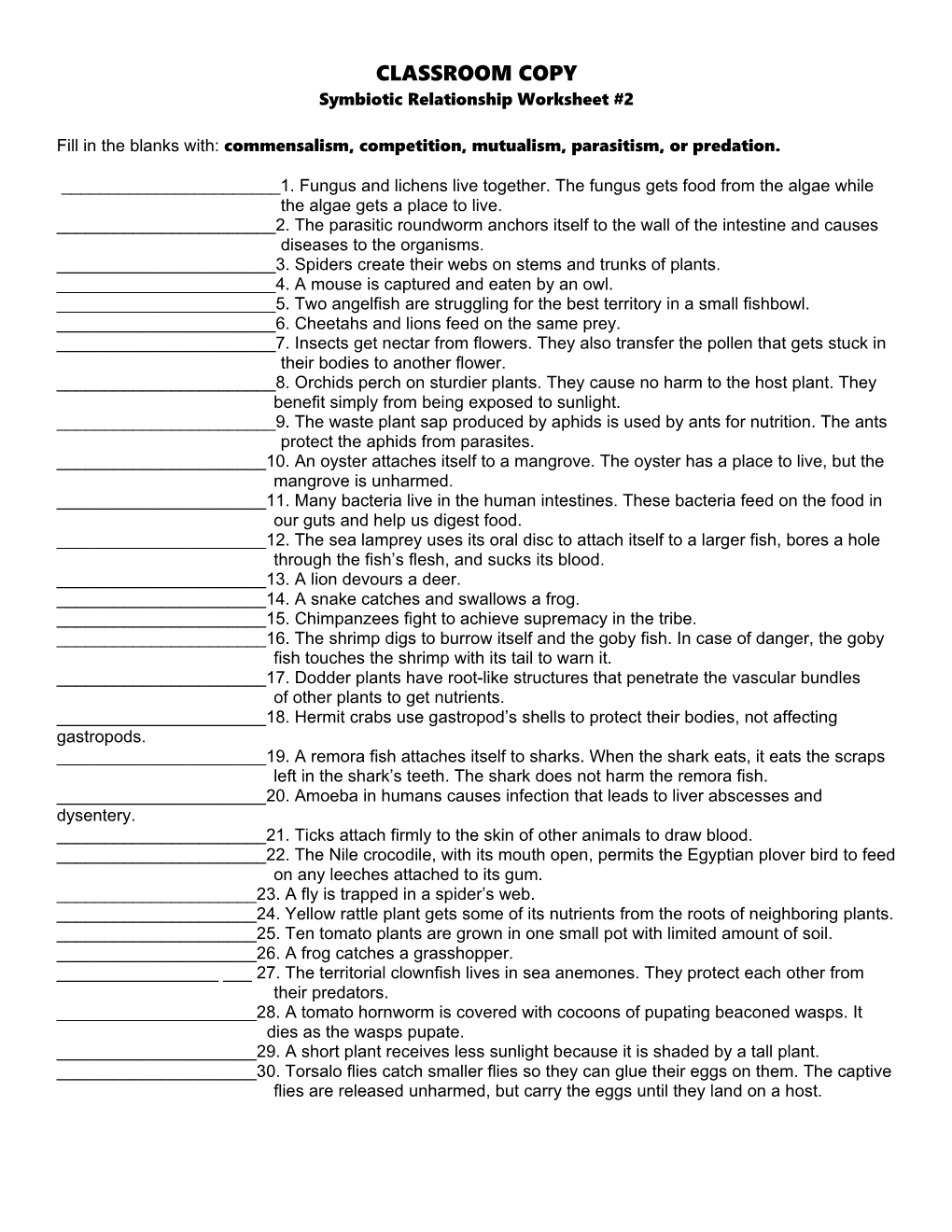 Symbiotic Relationship Worksheet #2