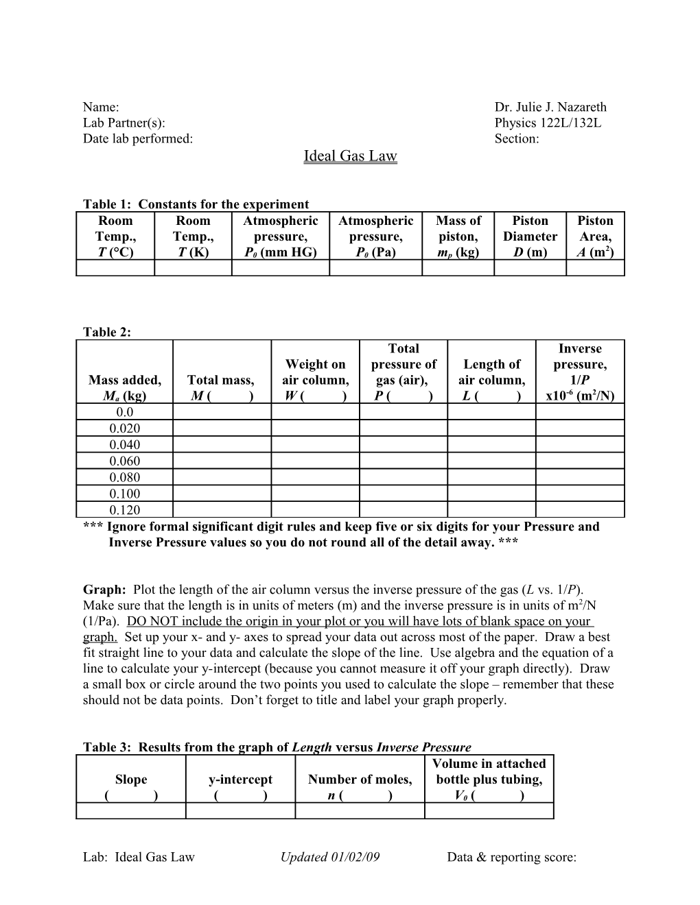 Table 1: Constants for the Experiment