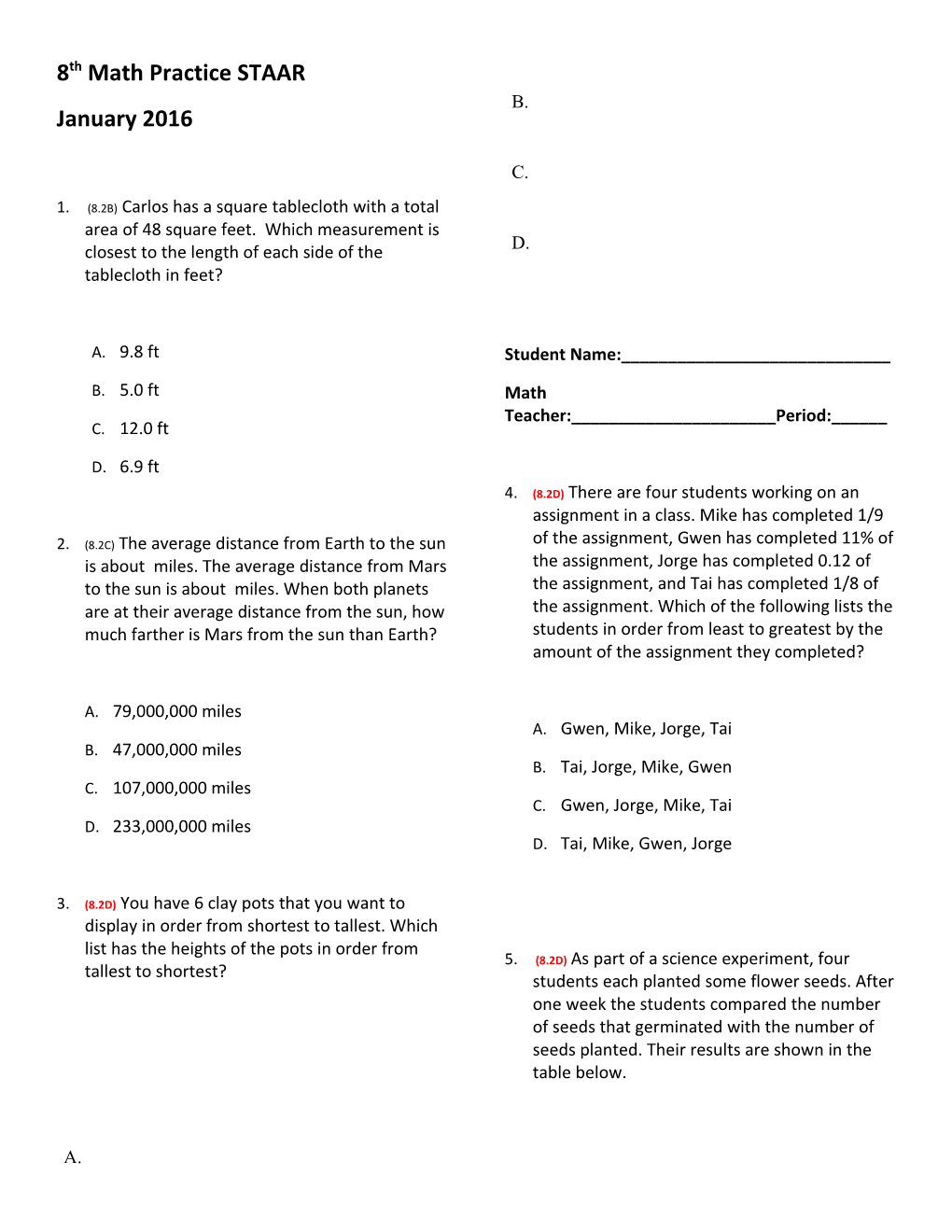 8Th Math Practice STAAR