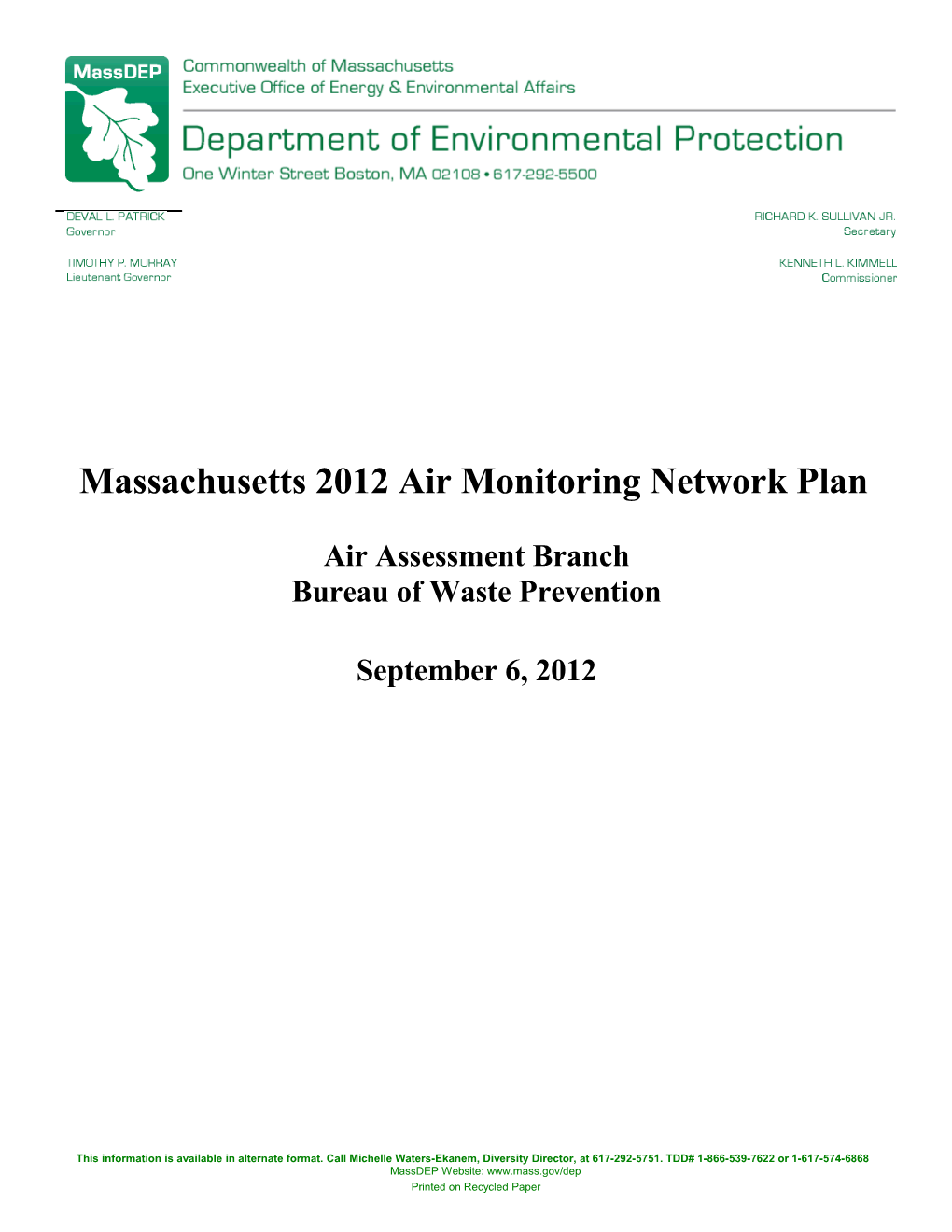 Massachusetts 2012 Air Monitoring Network Plan