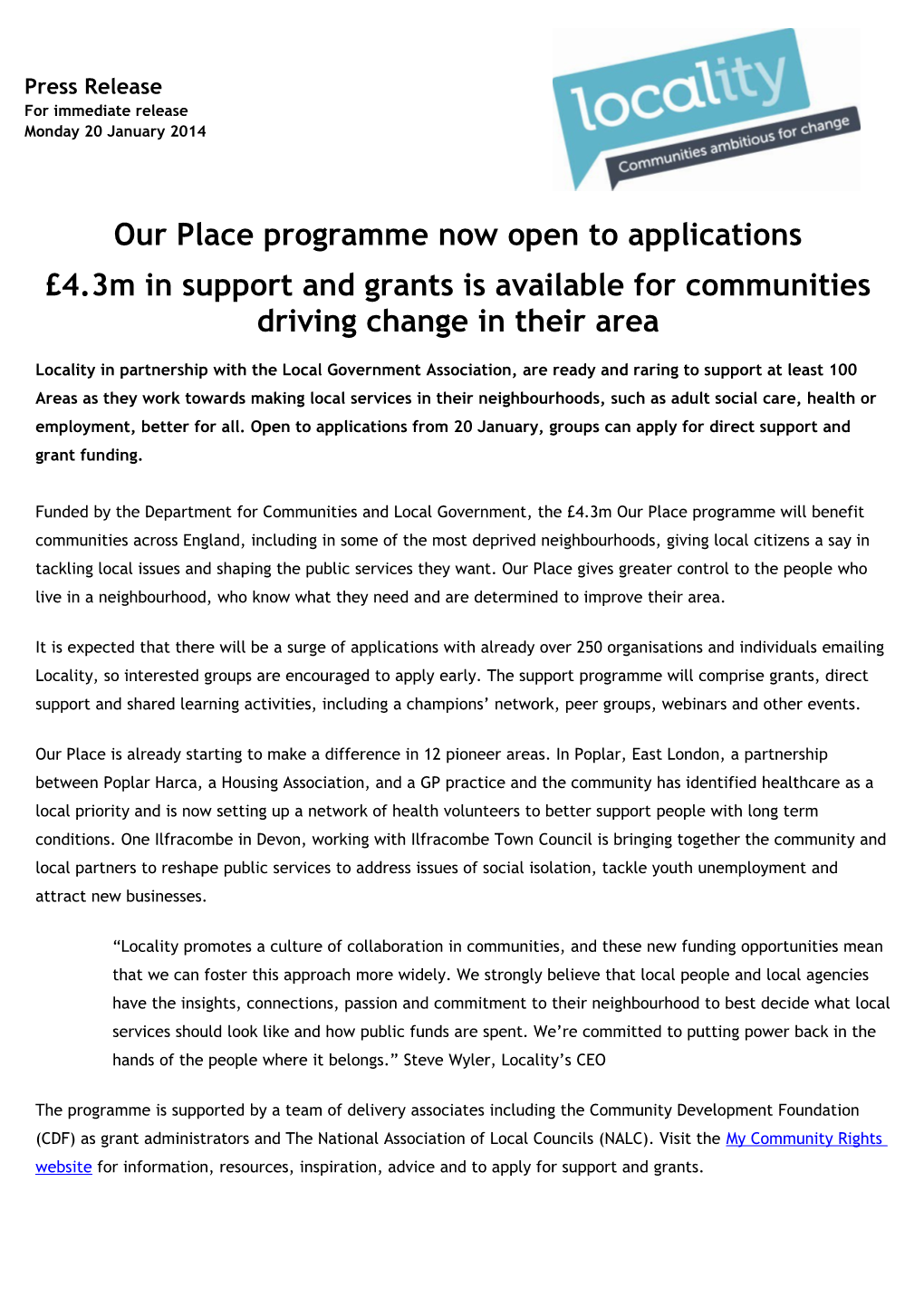 Our Place Programme Now Open to Applications 4.3M in Support and Grants Is Available For