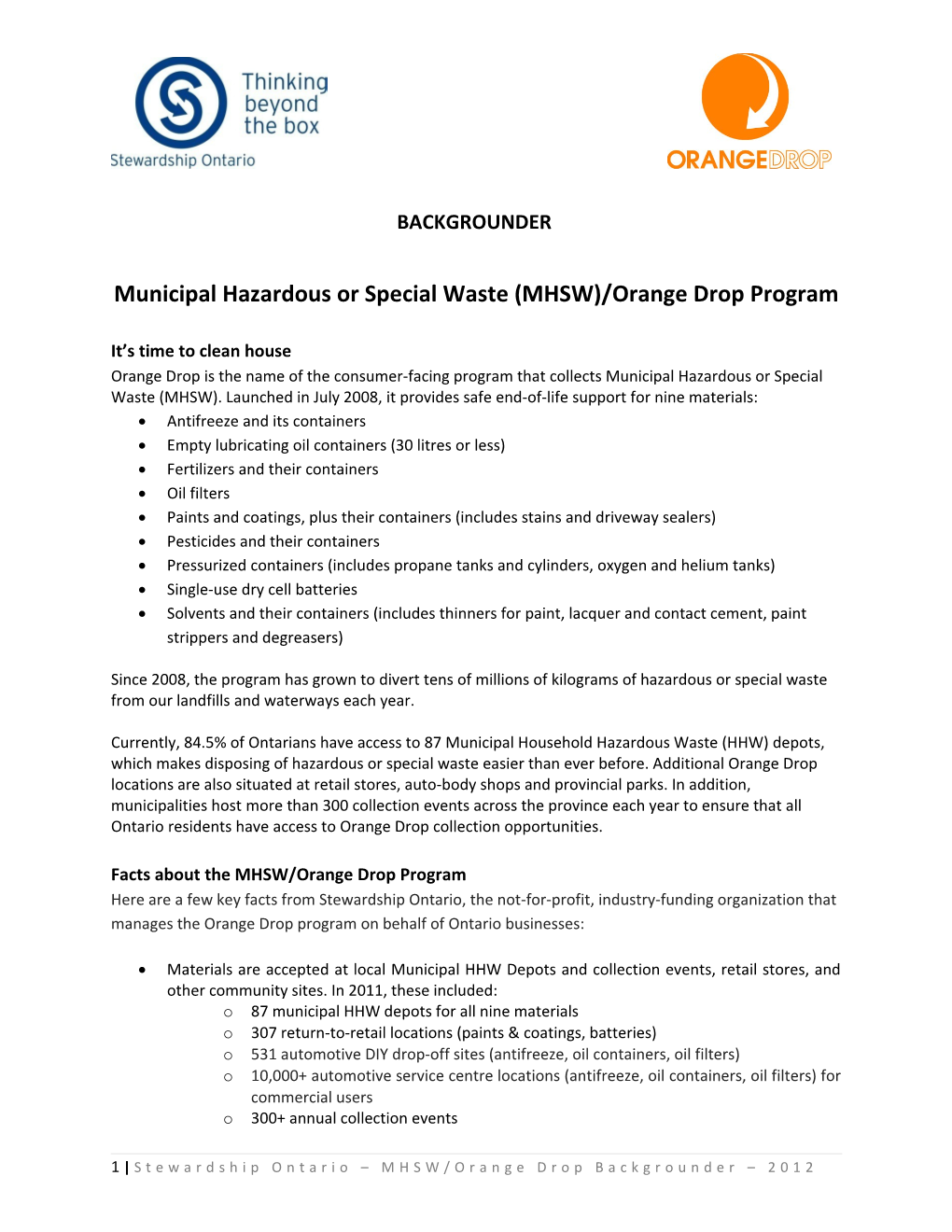 Municipal Hazardous Or Special Waste (MHSW)/Orange Drop Program