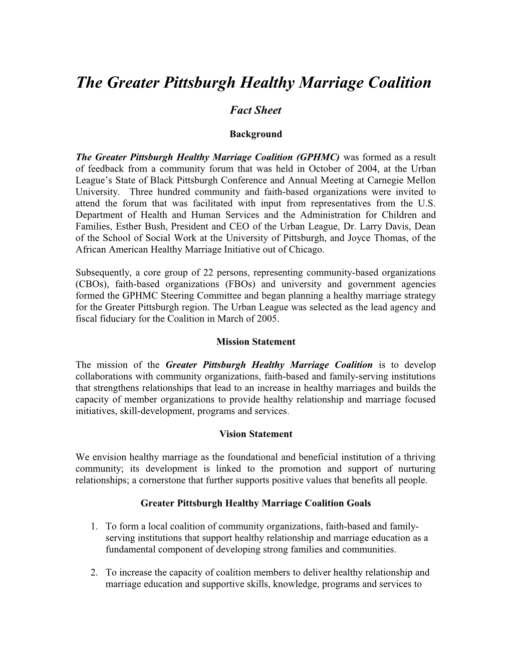 The Greater Pittsburgh Healthy Marriage Coalition