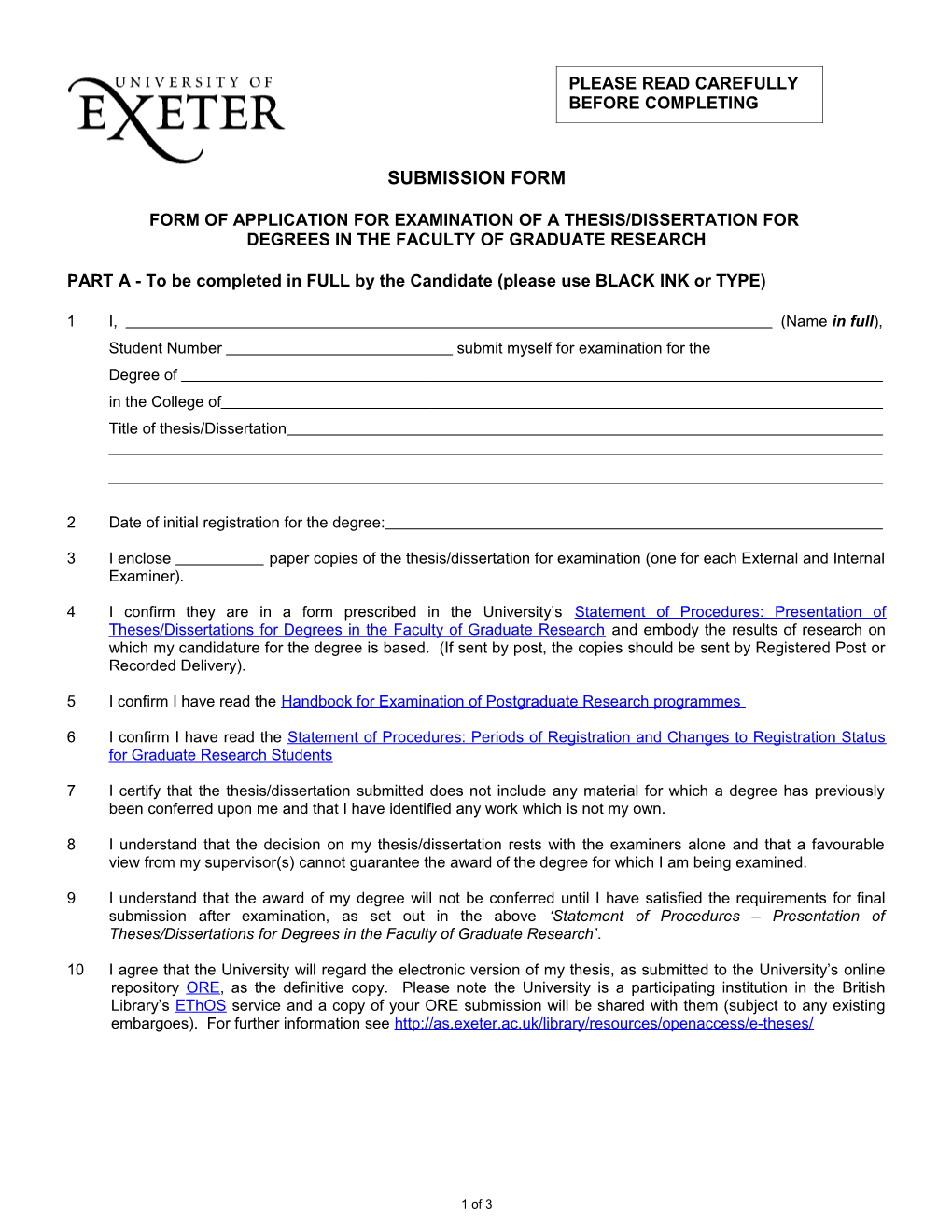 Form of Application for Examination of a Thesis For
