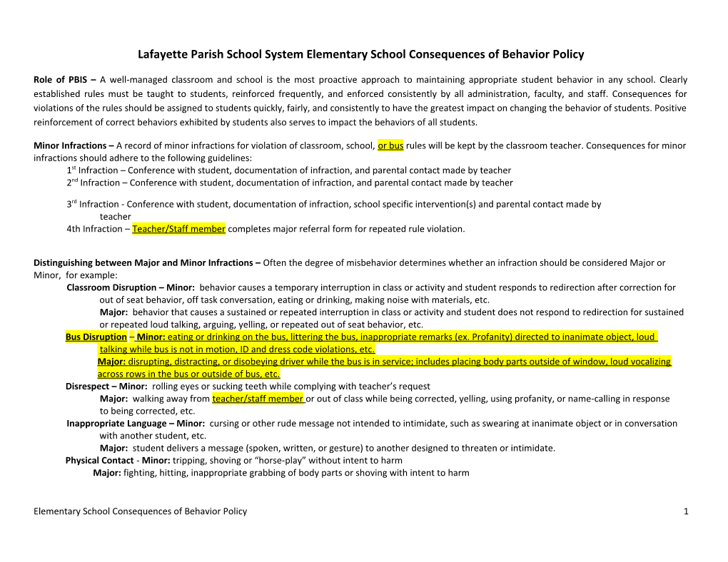 Lafayette Parish School System Elementary School Consequences of Behavior Policy