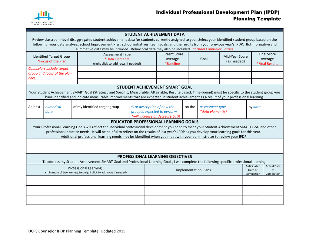 DCPS Counselor IPDP Planning Template: Updated 2015
